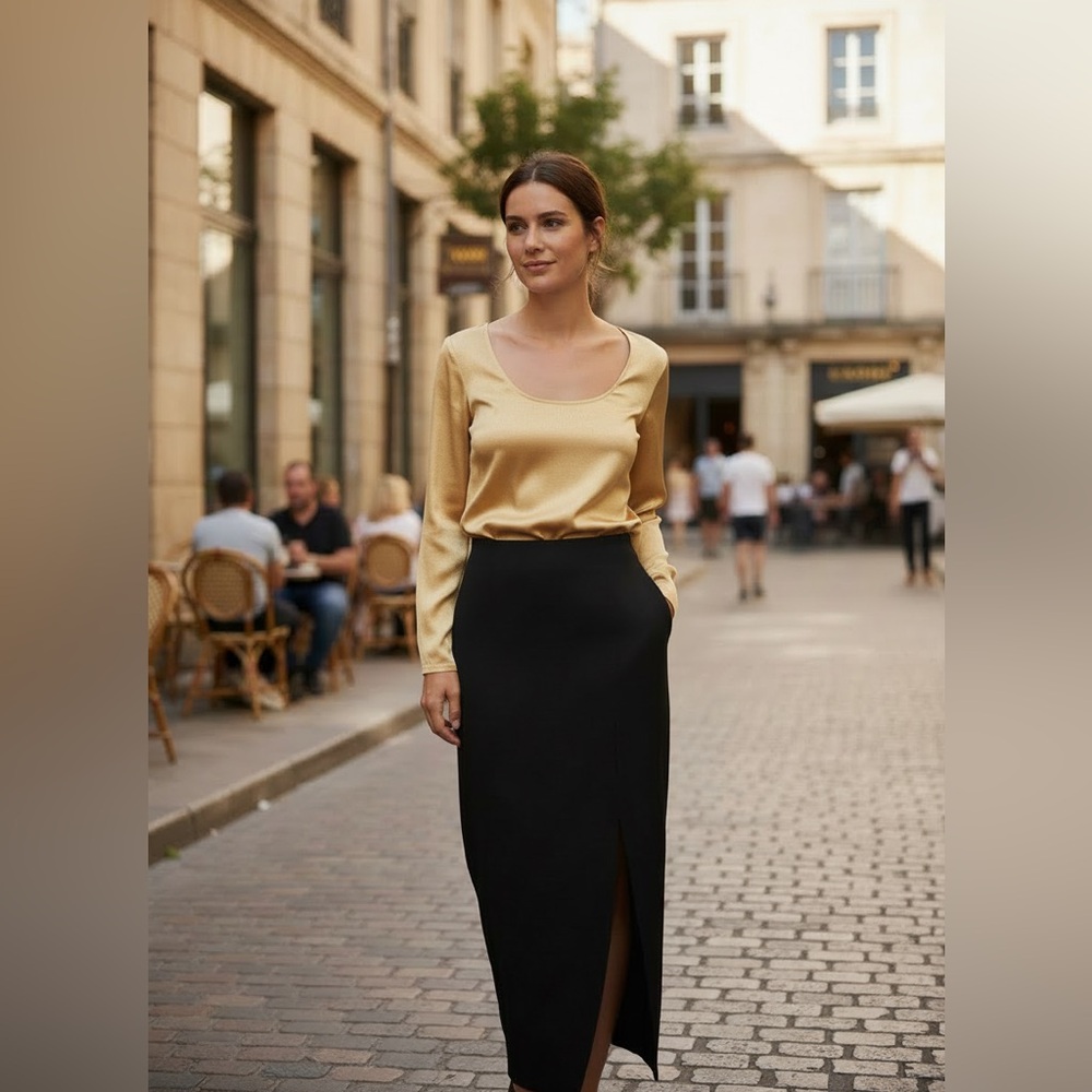Conrad C Collection black maxi floor length skirt 6 lined back zipper front slit